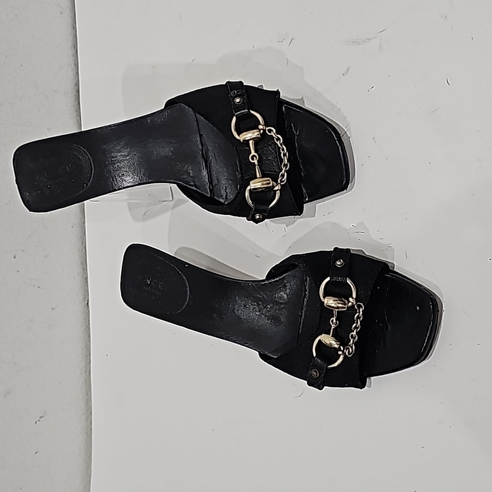 Gucci Black Canvas with  Green Leather Horsebit Slide Sandals Size 9B